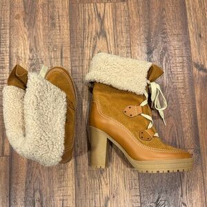NWOB See By Chloe Brown Lace Up Shearling Boots Womens size 39 / 9